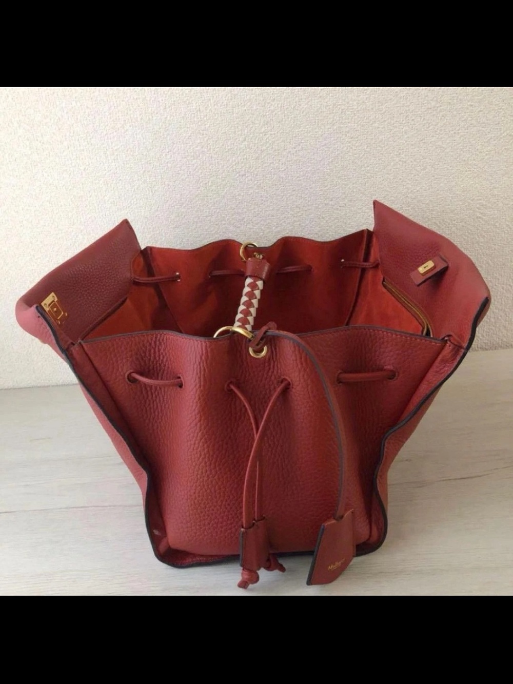 Mulberry Red Leather Satchel with Woven Top Handle - Picture 5 of 8